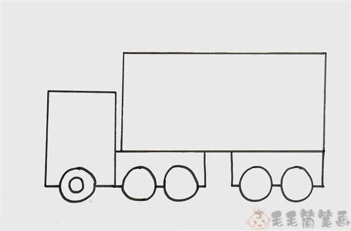 第一步: 首先,我们用一个长方形来画出车头,同时车轮也画上绘画成品