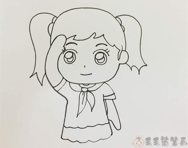 袖口处填充黄白黑蓝四色条纹,鞋子涂上红色,这样儿童敬礼简笔画就大功