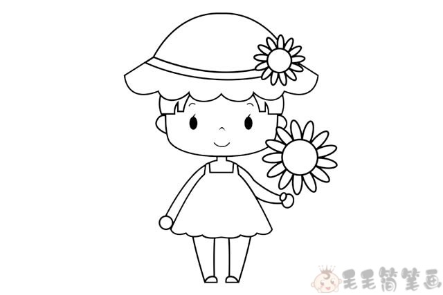 遮阳帽下面画出女孩的脸和头发第二步:接着在稍小一些的花朵上延展画