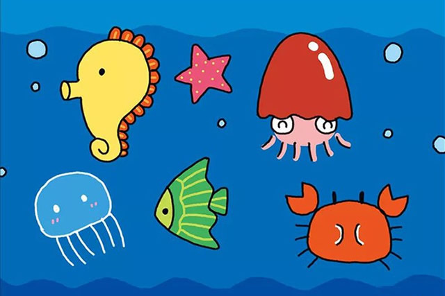 海底世界儿童简笔画画法彩色步骤图教程