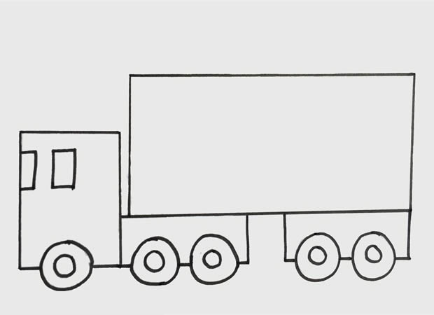 步骤三:接着在车头画出两块玻璃,把大货车后面的四个车轮画完整.