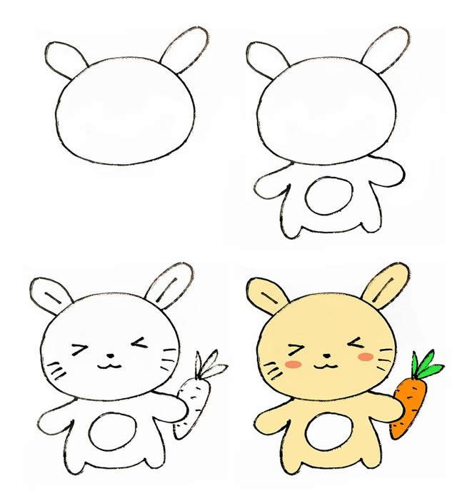 兔子彩色画法步骤图片,动物儿童画法步骤,可前往【动物简笔画画法步骤