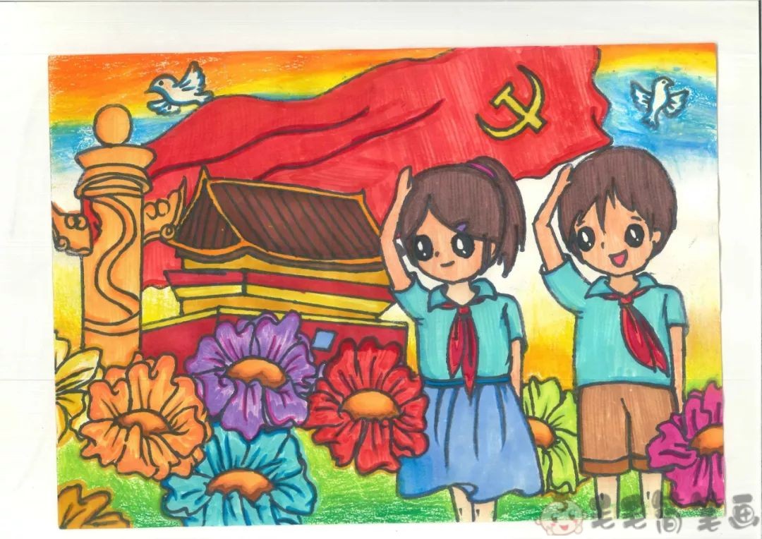 童心向党儿童画,党100周年诞辰儿童画 - 毛毛简笔画