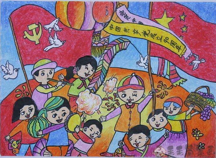 追寻红色足迹儿童画,爱党主题绘画