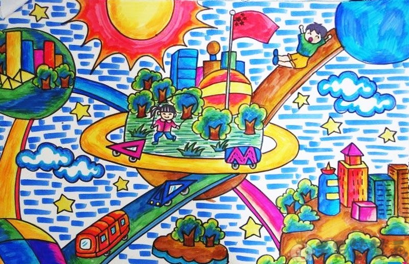 未来的城市儿童画图片 毛毛简笔画
