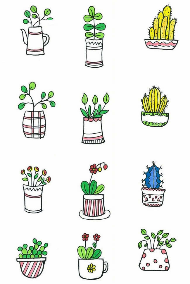 彩色手绘可爱盆栽植物简笔画图画 中级简笔画教程-第2张