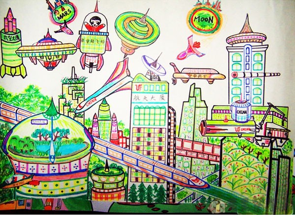未来世界科幻儿童画图片 毛毛简笔画