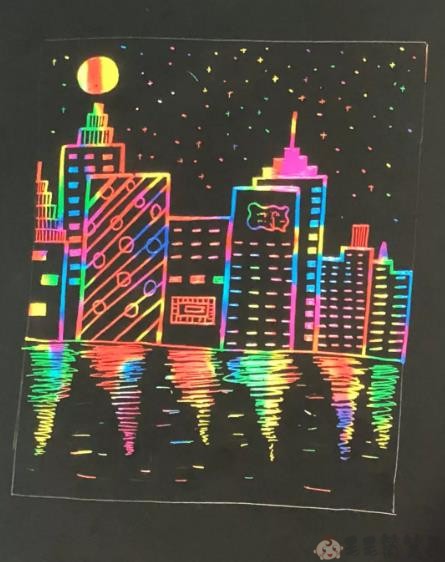 都市夜景简笔画油画棒图片