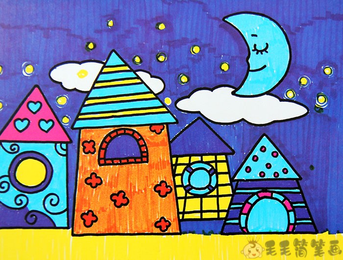 儿童夜景画,夜晚的城市儿童画 毛毛简笔画