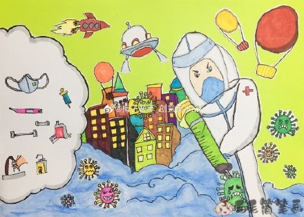小学生绘画的抗疫图片
