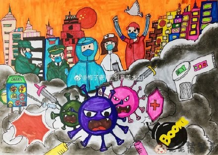 小学生绘画的抗疫图片