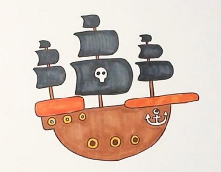 海盗船简笔画步骤图片 中级简笔画教程-第1张